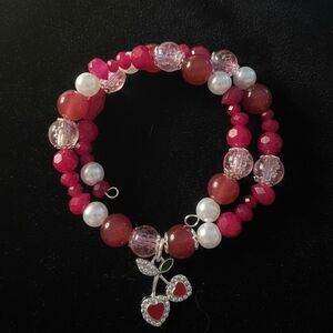 Cherry Charm Beaded Wire Valentines Day Bracelet